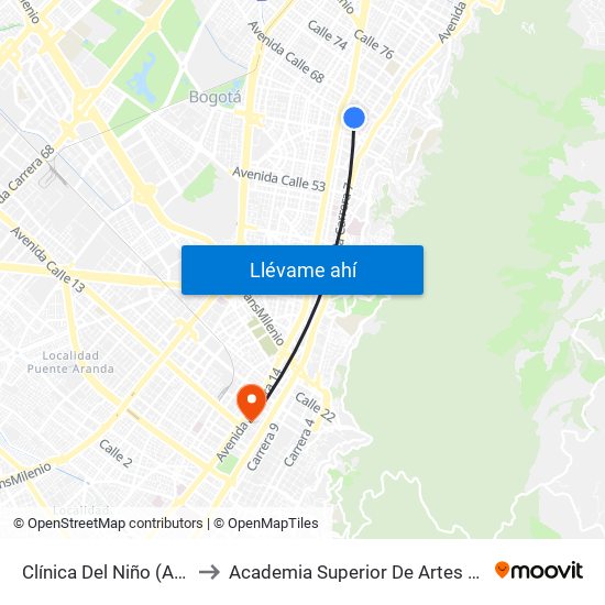 Clínica Del Niño (Ak 11 - Cl 65) to Academia Superior De Artes De Bogota - Asab map