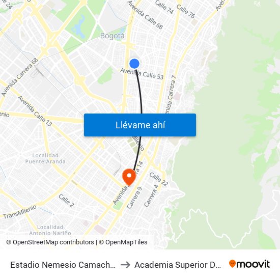 Estadio Nemesio Camacho El Campín (Ak 24 - Cl 53b) to Academia Superior De Artes De Bogota - Asab map