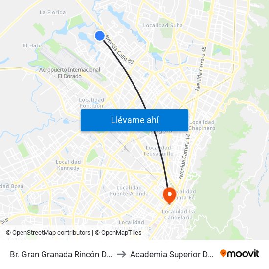 Br. Gran Granada Rincón De Granada (Dg 77b - Kr 116b) to Academia Superior De Artes De Bogota - Asab map