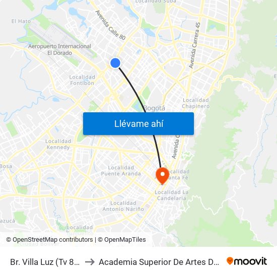 Br. Villa Luz (Tv 85 - Cl 64i) to Academia Superior De Artes De Bogota - Asab map