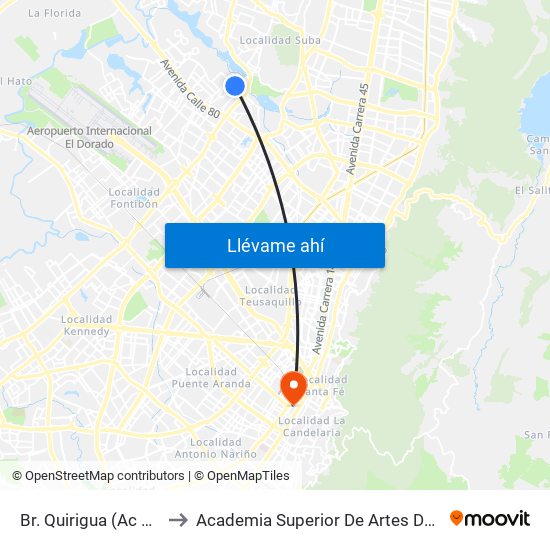 Br. Quirigua (Ac 90 - Kr 91) to Academia Superior De Artes De Bogota - Asab map