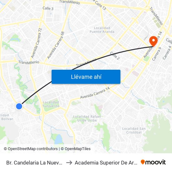 Br. Candelaria La Nueva (Kr 38 - Cl 62 Sur) to Academia Superior De Artes De Bogota - Asab map