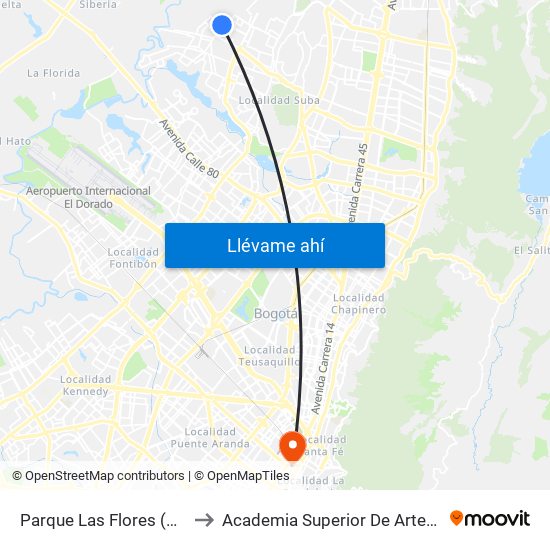 Parque Las Flores (Kr 115 - Cl 151) to Academia Superior De Artes De Bogota - Asab map