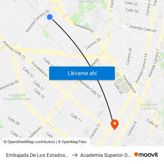 Embajada De Los Estados Unidos (Av. Esperanza - Kr 48) to Academia Superior De Artes De Bogota - Asab map