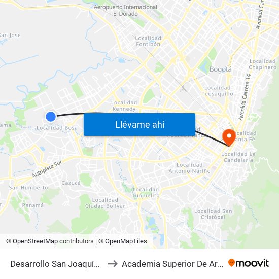 Desarrollo San Joaquín (Cl 71 Sur - Kr 88f) to Academia Superior De Artes De Bogota - Asab map