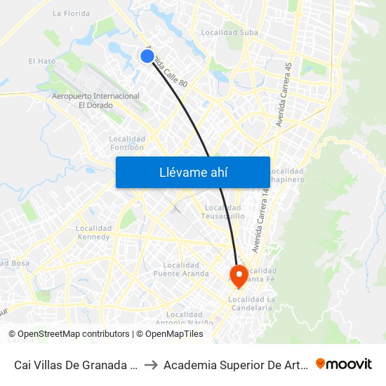 Cai Villas De Granada (Kr 112a - Cl 77c) to Academia Superior De Artes De Bogota - Asab map