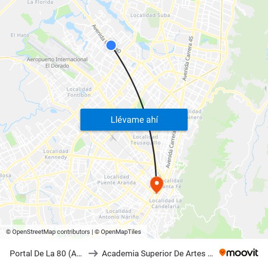 Portal De La 80 (Ac 80 - Kr 96) to Academia Superior De Artes De Bogota - Asab map