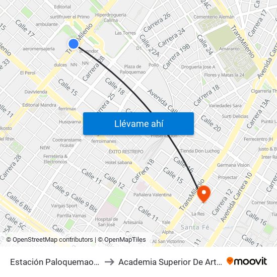 Estación Paloquemao (Av. NQS - Cl 17a) to Academia Superior De Artes De Bogota - Asab map