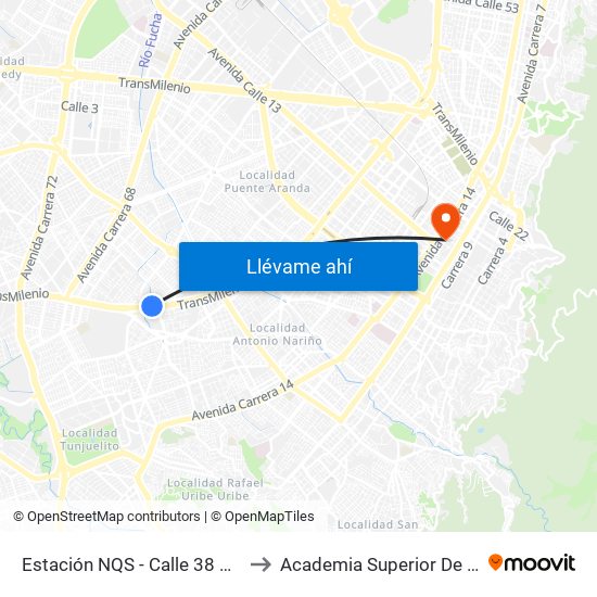 Estación NQS - Calle 38 Sur (Auto Sur - Dg 38a Sur) to Academia Superior De Artes De Bogota - Asab map