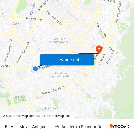 Br. Villa Mayor Antigua (Auto Sur - Cl 38 Bis Sur) to Academia Superior De Artes De Bogota - Asab map