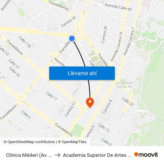 Clínica Méderi (Av. NQS - Cl 24) to Academia Superior De Artes De Bogota - Asab map