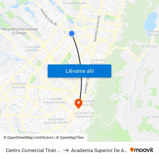 Centro Comercial Titán Plaza (Ac 80 - Kr 69t) to Academia Superior De Artes De Bogota - Asab map