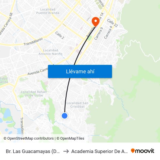 Br. Las Guacamayas (Dg 39 Sur - Kr 1d Este) to Academia Superior De Artes De Bogota - Asab map