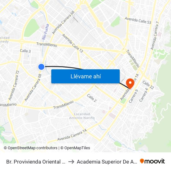 Br. Provivienda Oriental (Ak 68 - Cl 11 Sur) (A) to Academia Superior De Artes De Bogota - Asab map