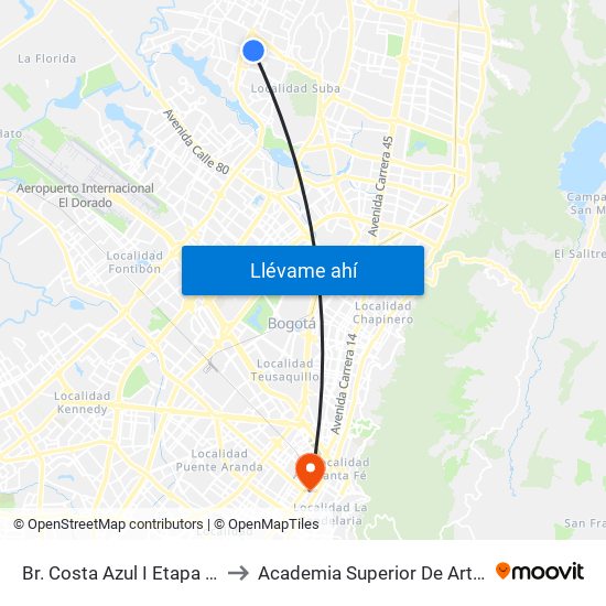 Br. Costa Azul I Etapa (Cl 139 - Kr 102a) to Academia Superior De Artes De Bogota - Asab map