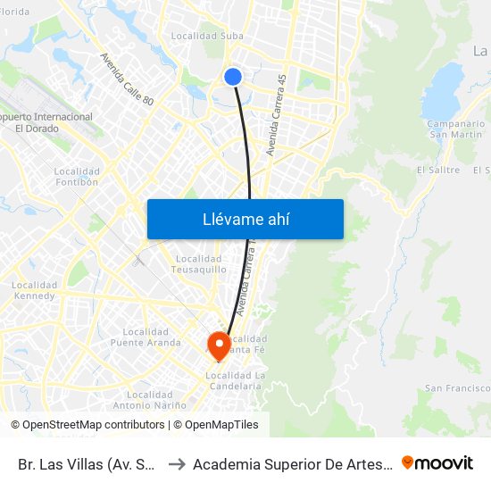 Br. Las Villas (Av. Suba - Cl 127d) to Academia Superior De Artes De Bogota - Asab map