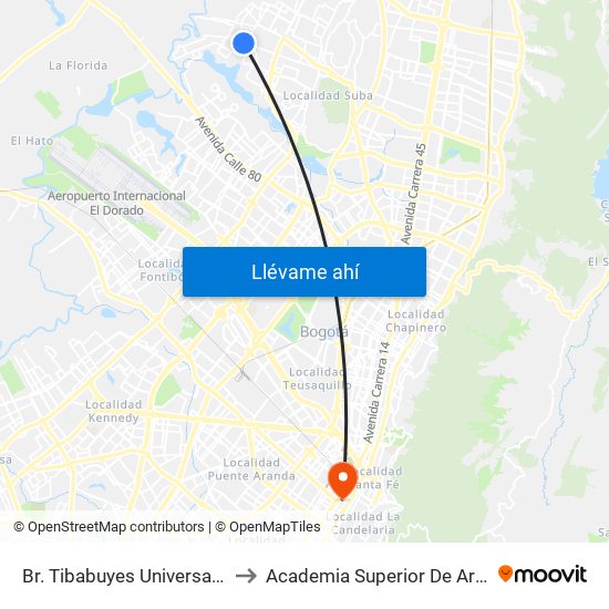 Br. Tibabuyes Universal (Tv 127 - Dg 138c) to Academia Superior De Artes De Bogota - Asab map