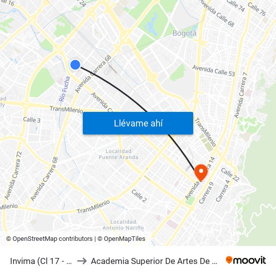 Invima (Cl 17 - Kr 68d) to Academia Superior De Artes De Bogota - Asab map