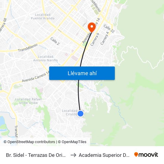 Br. Sidel - Terrazas De Oriente (Kr 9b Este - Cl 32b Sur) to Academia Superior De Artes De Bogota - Asab map