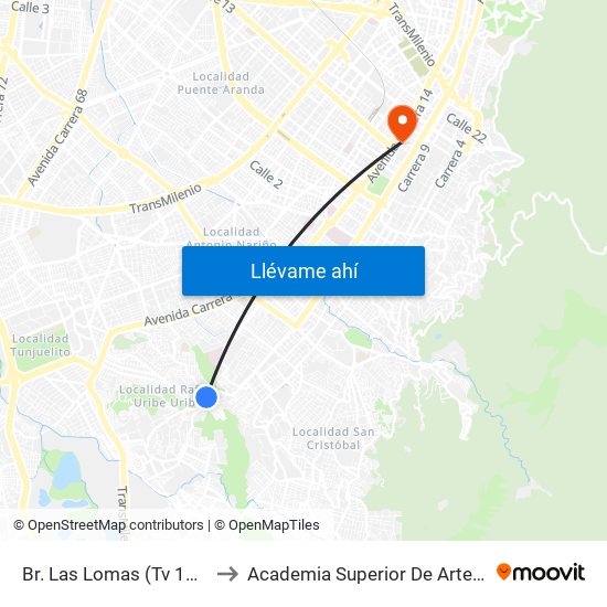Br. Las Lomas (Tv 11a - Dg 38g Sur) to Academia Superior De Artes De Bogota - Asab map