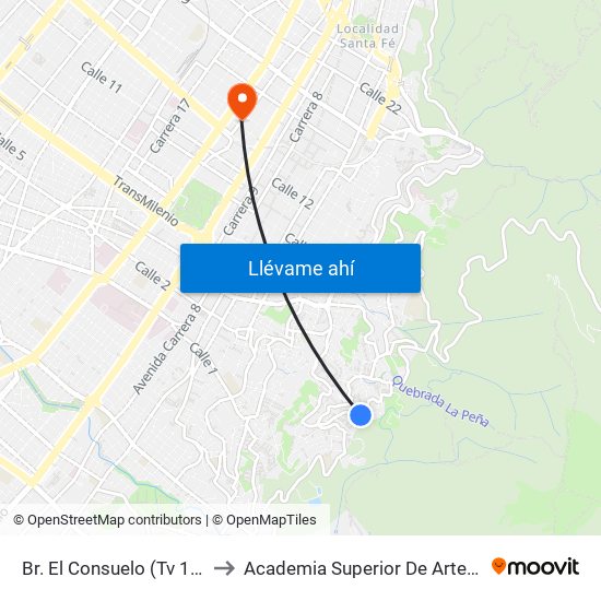 Br. El Consuelo (Tv 11c Este - Cl 1c) to Academia Superior De Artes De Bogota - Asab map