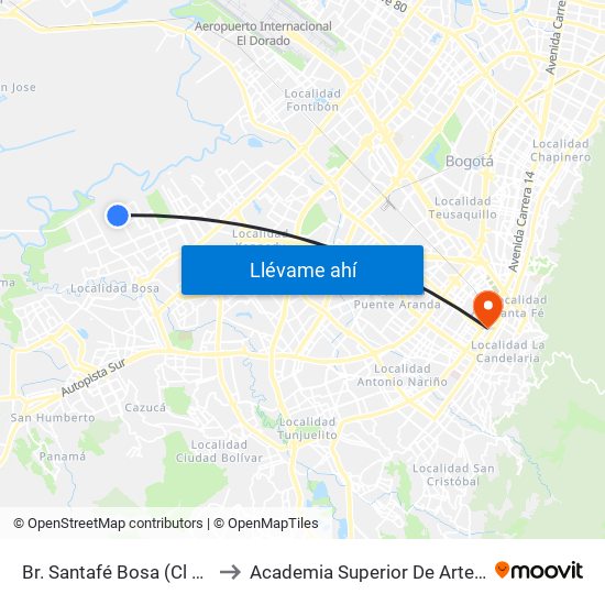 Br. Santafé Bosa (Cl 56f Sur - Kr 98c) to Academia Superior De Artes De Bogota - Asab map
