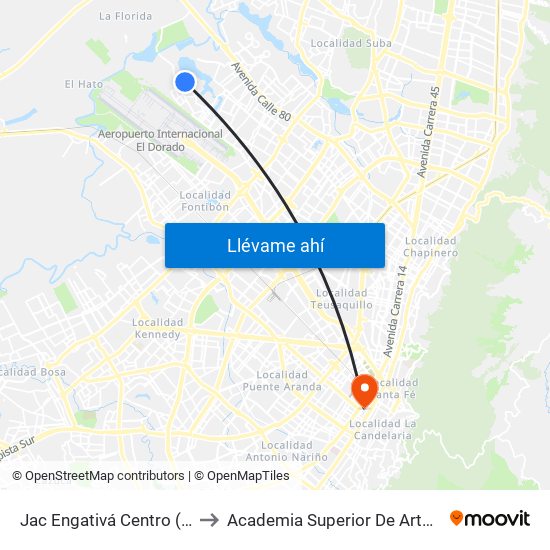 Jac Engativá Centro (Cl 66b - Kr 121) to Academia Superior De Artes De Bogota - Asab map