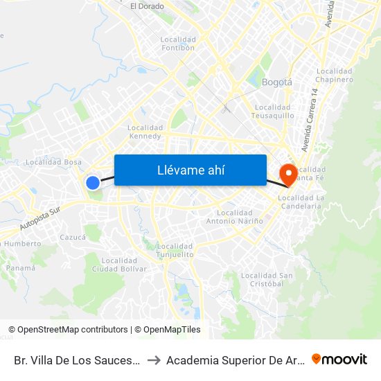 Br. Villa De Los Sauces (Cl 58 Sur - Kr 78b) to Academia Superior De Artes De Bogota - Asab map