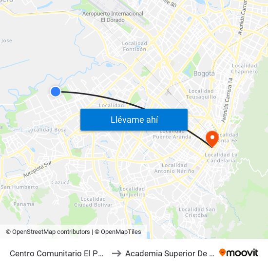 Centro Comunitario El Porvenir (Cl 52 Sur - Kr 100) to Academia Superior De Artes De Bogota - Asab map