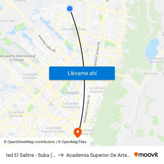 Ied El Salitre - Suba (Kr 99 - Cl 153) to Academia Superior De Artes De Bogota - Asab map