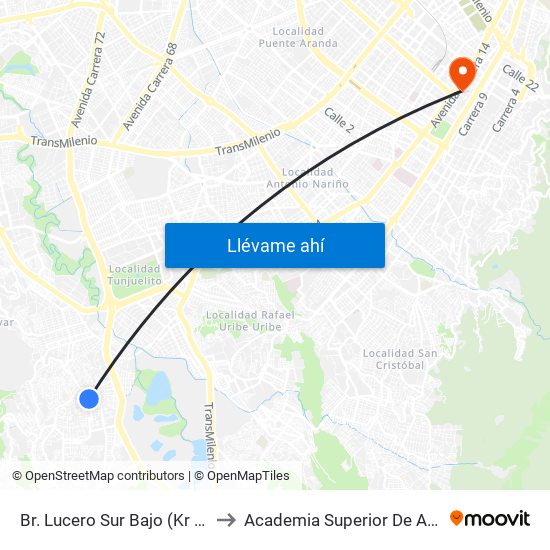 Br. Lucero Sur Bajo (Kr 17m - Cl 66a Sur) (A) to Academia Superior De Artes De Bogota - Asab map