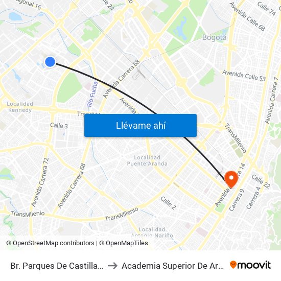 Br. Parques De Castilla 7 (Kr 79a - Cl 11a) to Academia Superior De Artes De Bogota - Asab map