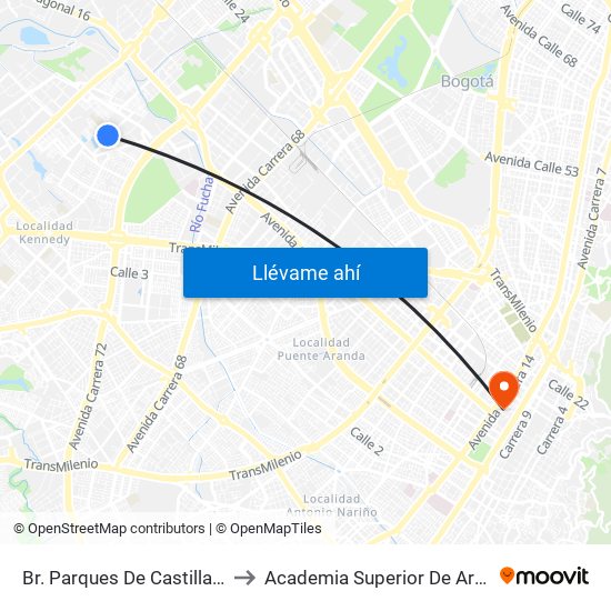 Br. Parques De Castilla 6 (Kr 79a - Cl 11a) to Academia Superior De Artes De Bogota - Asab map