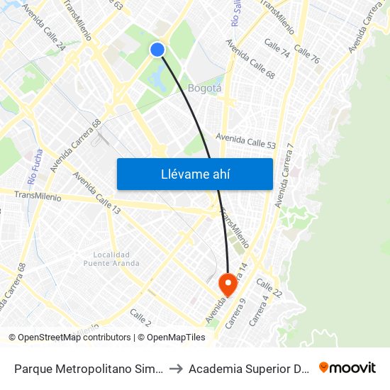 Parque Metropolitano Simón Bolívar (Ak 68 - Ac 63) (A) to Academia Superior De Artes De Bogota - Asab map