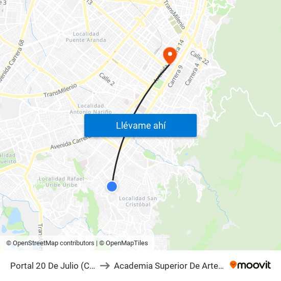 Portal 20 De Julio (Cl 32 Sur - Kr 3f) to Academia Superior De Artes De Bogota - Asab map