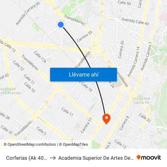 Corferias (Ak 40 - Cl 24c) to Academia Superior De Artes De Bogota - Asab map