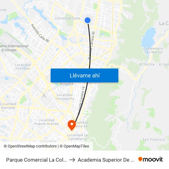 Parque Comercial La Colina 138 (Ac 138 - Kr 55) to Academia Superior De Artes De Bogota - Asab map
