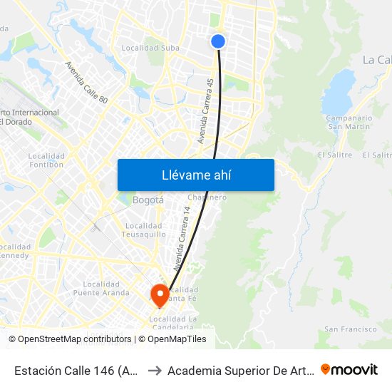 Estación Calle 146 (Auto Norte - Cl 150) to Academia Superior De Artes De Bogota - Asab map
