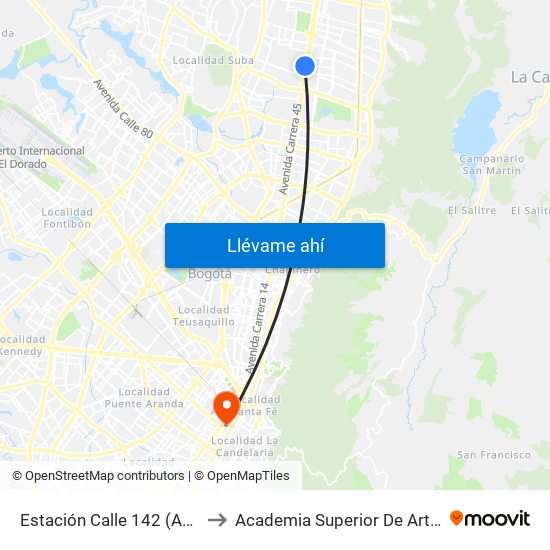 Estación Calle 142 (Auto Norte - Cl 144) to Academia Superior De Artes De Bogota - Asab map