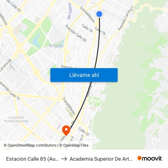 Estación Calle 85 (Auto Norte - Cl 85) to Academia Superior De Artes De Bogota - Asab map