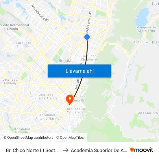 Br. Chicó Norte III Sector (Auto Norte - Cl 95) to Academia Superior De Artes De Bogota - Asab map