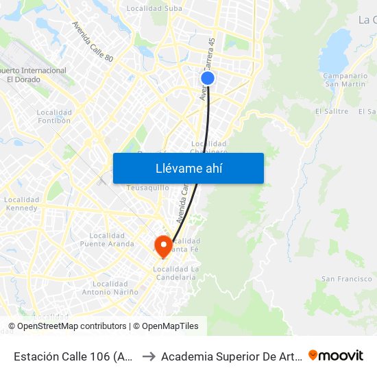 Estación Calle 106 (Auto Norte - Cl 105) to Academia Superior De Artes De Bogota - Asab map