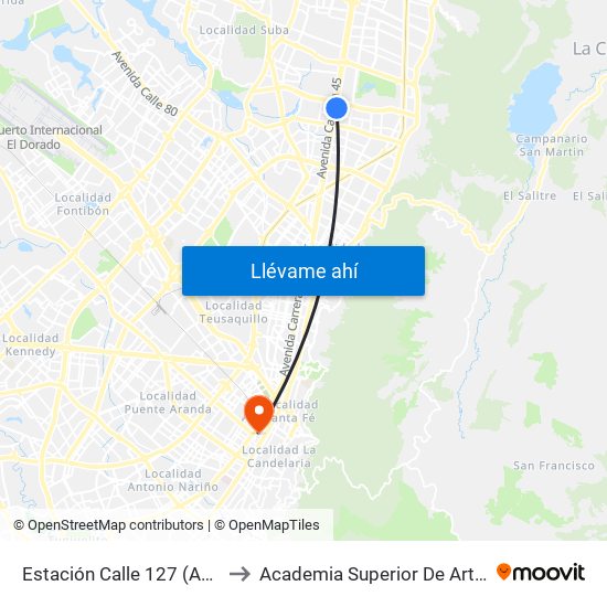 Estación Calle 127 (Auto Norte - Cl 123) to Academia Superior De Artes De Bogota - Asab map