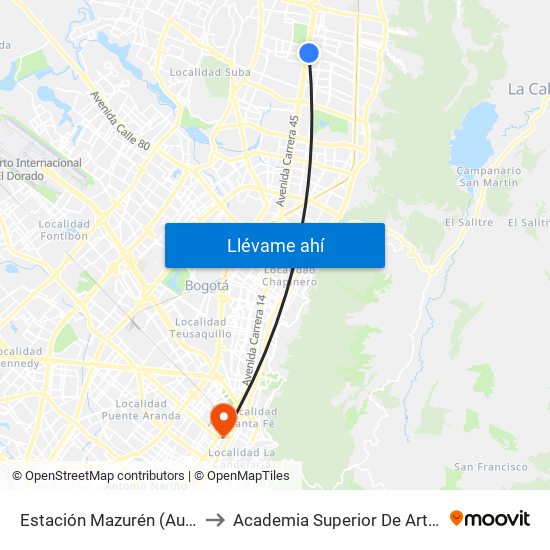 Estación Mazurén (Auto Norte - Cl 152) to Academia Superior De Artes De Bogota - Asab map