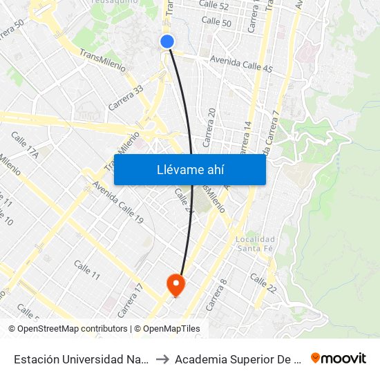 Estación Universidad Nacional (Av. NQS - Cl 45a) to Academia Superior De Artes De Bogota - Asab map