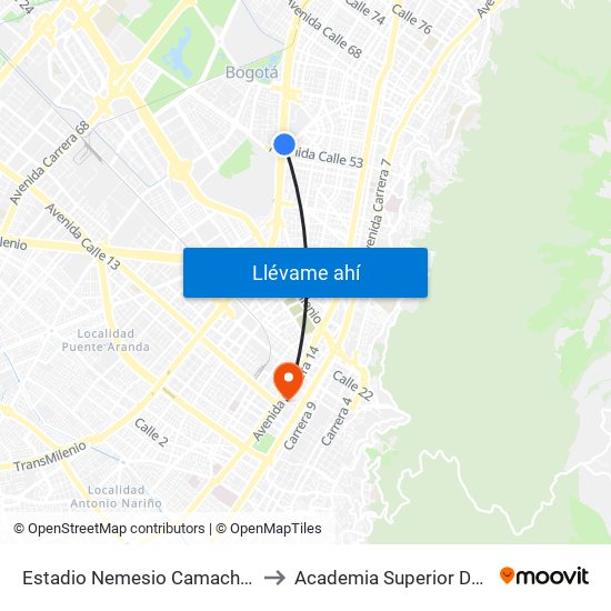 Estadio Nemesio Camacho El Campín (Av. NQS - Cl 53) to Academia Superior De Artes De Bogota - Asab map