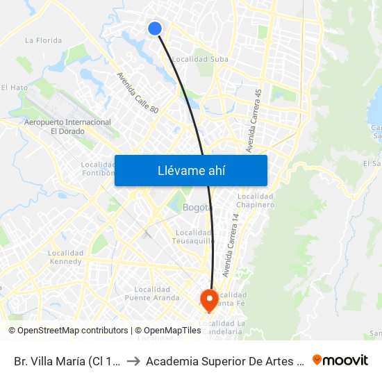 Br. Villa María (Cl 139 - Kr 114) to Academia Superior De Artes De Bogota - Asab map