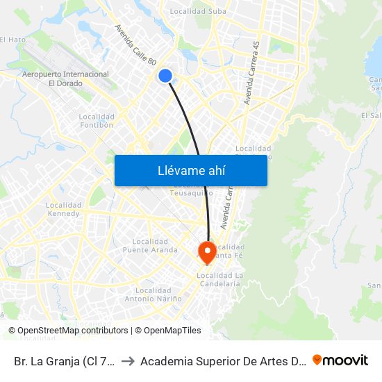 Br. La Granja (Cl 76 - Kr 78a) to Academia Superior De Artes De Bogota - Asab map