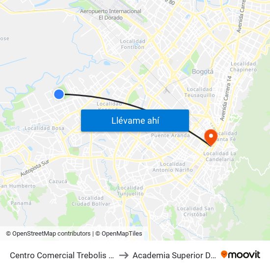 Centro Comercial Trebolis El Porvenir (Kr 95a - Cl 49c Sur) to Academia Superior De Artes De Bogota - Asab map