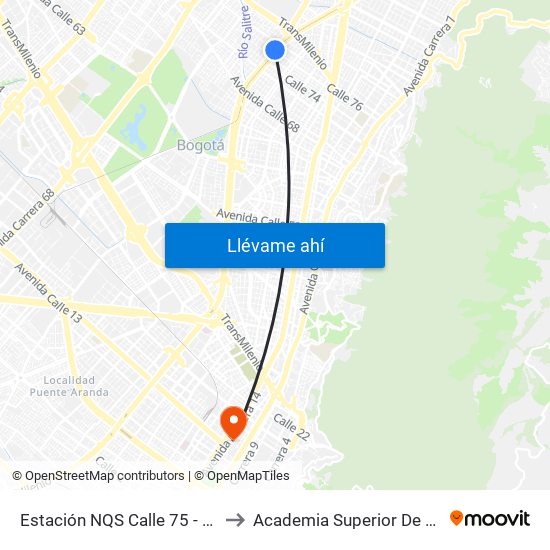 Estación NQS Calle 75 - Zona M (Av NQS - Cl 76) to Academia Superior De Artes De Bogota - Asab map